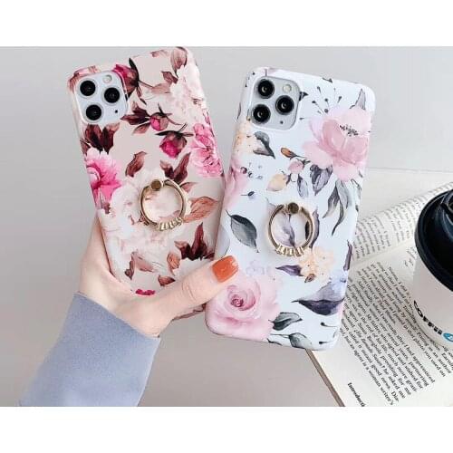 Flower Printed TPU Phone Case with Ring Holder for IPhone 11 12 Mini Pro Max X XR XS Max 7 8 Plus SE 2020 Protective Cover Shell