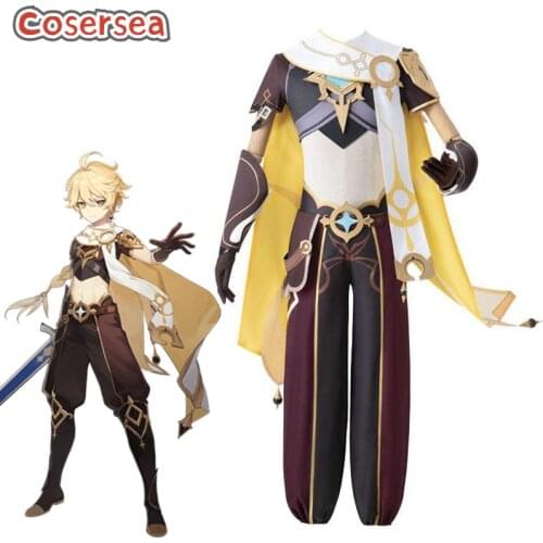 Cosersea Game Genshin Impact Traveler Aether Cosplay Costume For Men Top Cloak Outfit Belt Earrings Halloween Full Set