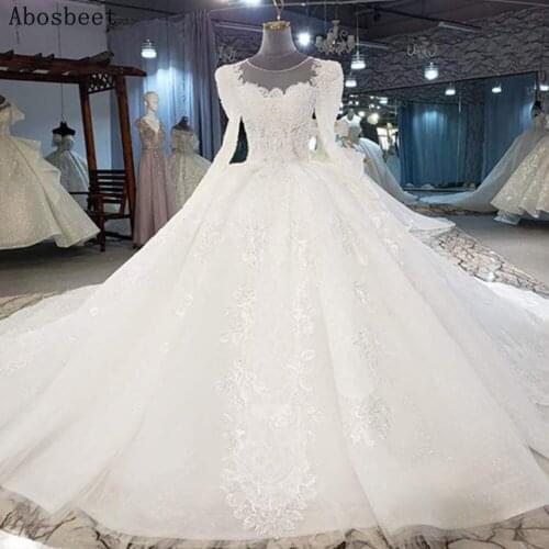 Ivory Long Sleeve Wedding Dress 2021 Puff Sleeve Plus Size Bridal Gown Lace Robe Mariee 200CM Cathedral Train Zipper Back