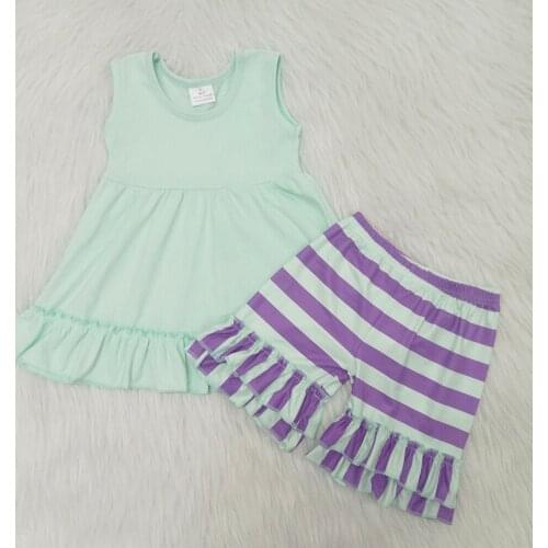 Baby girl boutique outfit girl light green top and stripes shorts 2 pieces set girl summer new style outfit