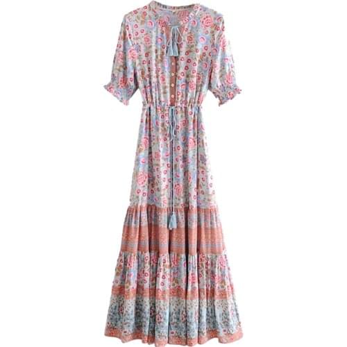 Jastie 2021 Summer Bohemian Floral Print Maxi Dress Women Boho Half Sleeve Long Dresses V-Neck Casual Beach Dress Vintage Robe