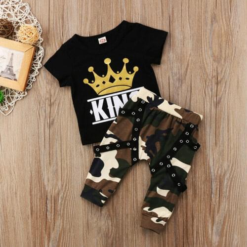 Baby Boys 2PCS Summer Outfis Toddler Kids Letter Print Black Tops T-shirt Camo Pants Sport Set 6M-4Y Outfits Infant Clothes