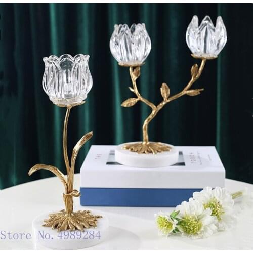Creative metal glass candle holder crystal glass brass Marble base Flower shape Candlestick Retro Desktop crafts Home Decoration