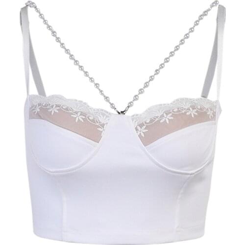 Sleeveless Fashion White Crop Top with Pearl Chain Sexy Tops Women 2021 Corset Bustier Streetwear