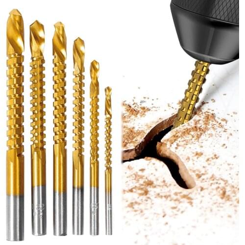 6 Pcs Twist Drill Bits Set Serrated Grooving Cutting Tap Spiral Saw HSS Titanium Drill Bit Wood Metal Plastic Hole Saw Drilling