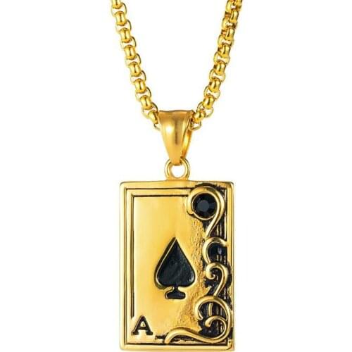 Stainless Steel Gold Vintage Poker Card Rectangle Pendant Necklace Men Punk Rock Jewelry Gift For Him with Chain