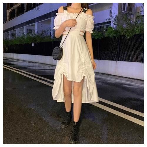 2021 Summer New Dress Temperament Fashion Irregular Waist Drawstring Sling Strapless Childrens Trendy Personality