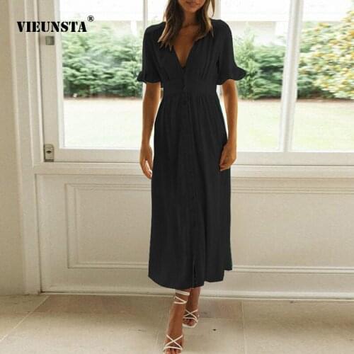 New Summer 2021 Elegant Dresses Cotton Linen V Neck Short Sleeve Buttons A-line Dress Vintage Ruffled Spring Party Ladies Dress
