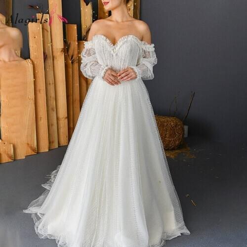 Simple Off Shoulder Tulle Wedding Dresses Sweetheart Lantern Sleeve Bride Dress Romantic Pleat Robe de mariee