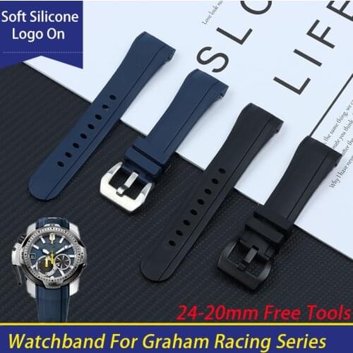 24mm Waterproof Silicone Rubber Watchband For Graham Strap Racing Series Curved End Wrist Bracelet Black Blue Watch Band Tools