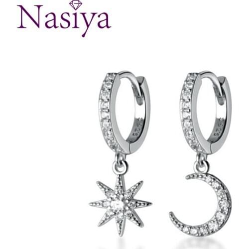 100% S925 Real Sterling Silver Women Hoop Earrings Asymmetric Single Diamond Star Micro-set Moon Earrings Jewelry Gift for Women