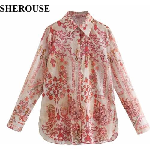 SHEROUSE 2021 Vintage Women Floral Printed Blouses Shirt Lapel Long Sleeves Fashion Chic Lady Casual Woman Shirts Tops