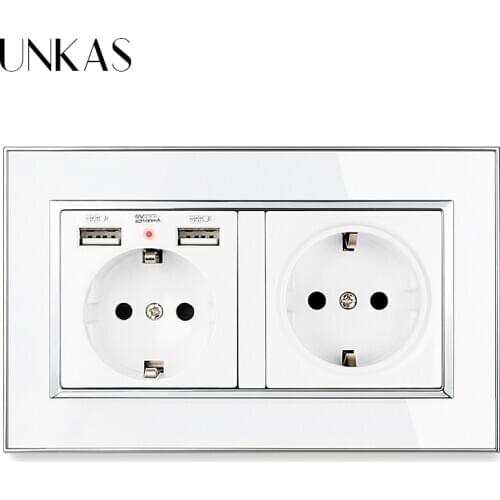 UNKAS 2 Gang EU Socket + Dual USB Charging Port 146MM * 86MM Luxury Mirror Acrylic Panel Hidden Soft LED Indicator Outlet