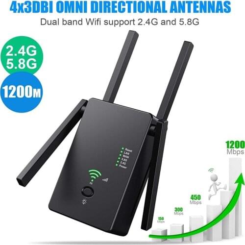 New 2.4G / 5G Wireless AC1200Mbps WiFi Repeater Extender Signal Booster WPS Encryption 4 Antennas Router To Smart Home Device