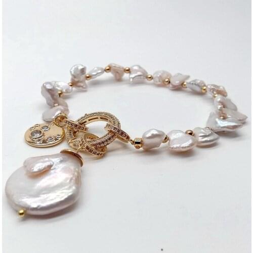 YYGEM natural Top-drilled Cultured White Keshi Pearl strand Bracelet Coin Pearl Charm Cubic Zirconia Pave Clasp 8"