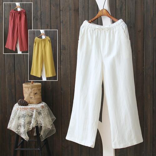 Cotton Linen Women Pants Pantalon Femme Lace Up Straight Wide-Leg Pants Casual Sweatpants Spring Summer Trousers Women RE0248