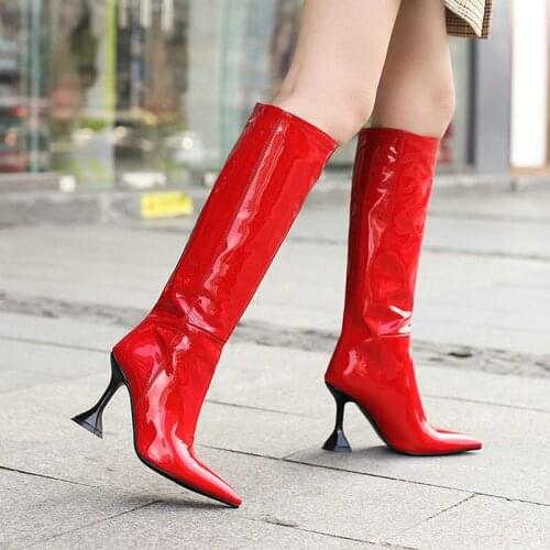 Winter New Style Patent Leather Women Knee Length High Boots Sexy Pointed Red Black Ladies High Boots Loose Slip-on Women Shoes