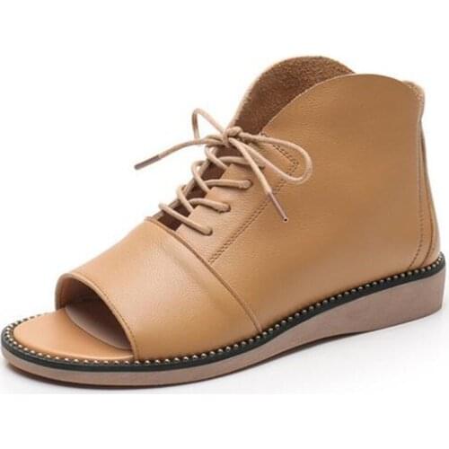 2021 High Quality Soft Cowhide Fish Mouth Open Toe Shoes Woman Sandals Summer Boots Soft Comfortable Sandals Flat Rome Sandals