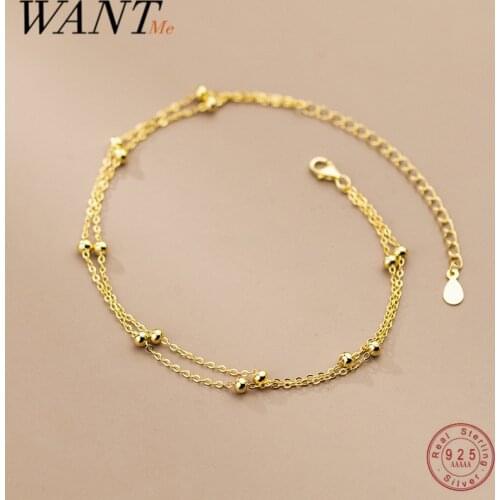 WANTME 925 Sterling Silver Fashion Double Anklet for Women Summer Beach Charming Minimalist Round Bead Gothic Chain Jewelry