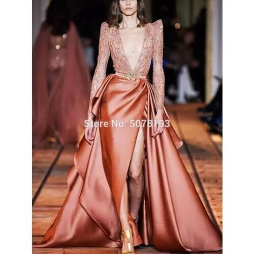 7109 skin-pink deep V-neck natural A-line floor-length matte satin Evening dresses long Celebrity gowns lace&bead free shipping