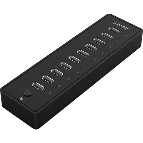 10 Ports USB2.0 HUB 12V2.5A Power Supply With 1.5M Data Cable Fireproof ABS For PC Mac Laptop Black