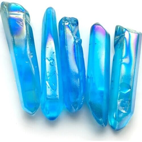 10 Pcs Blue Aura Titanium Clear Quartz Wand Natural Raw Quartz Point Reiki Healing Crystal Stone Prism DIY Jewelry Home Decora