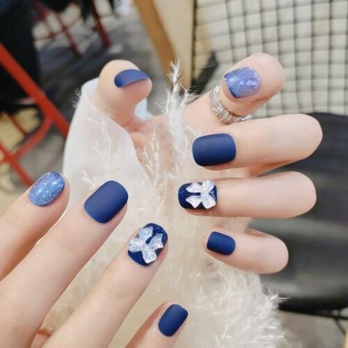 24pcs Deep Blue Nail Patch Glue Type Removable Short Paragraph Fashion Manicure Save Time False Nail Patch Nail Sticker