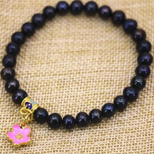8 types natural black 7-8mm nearround pearl beads elastic strand bracelet for women gold-color cloisonne bangle 7.5inch B3115