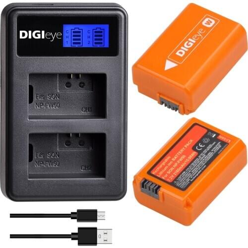 2pcs 2160mAh Battery + LCD Dual Charger for NP-FW50 NPFW50 and Sony A6000 A6400 A6500 A6300 A7 A7II A7RII A7SII A7S A7R RX10
