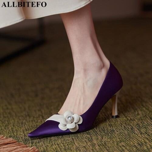 ALLBITEFO flower design real silk high heels sheepskin insole fashion sexy women heels high heel shoes party wedding shoes