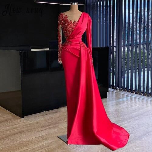 Arabic Red Long Sleeves Formal Evening Dresses Luxury Mermaid Pearls Beaded African Women Formal Evening Gown Plus Size