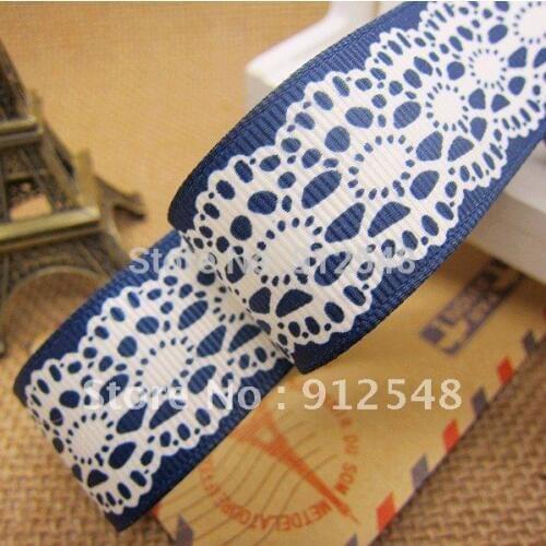 Free shipping, Lace pattern printed 1'' (25mm)blue color Grosgrain ribbon Polyester gift package ribbon DIY hairbow accessories