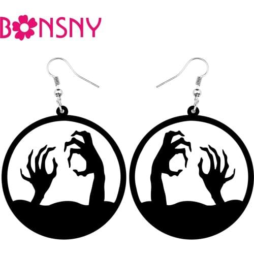 Bonsny Acrylic Halloween Round Circle Hollow Zombie Hand Earrings Drop Dangle Lady Kids Girls Novelty Festival Party Accessories