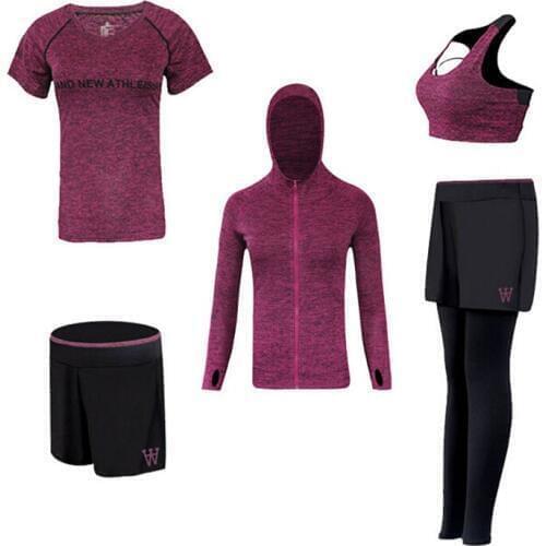 Quick dry hooded 5 piece set fitness gym jackets+t shirt+bra+shorts+pants women yoga suit sports jogging clothing training sets