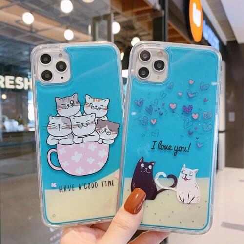 Cartoon loving couple cat Luminous back phone case for iphone 8plus 7 6 6s 11 pro max Dynamic quicksand shell for iphone x xr xs