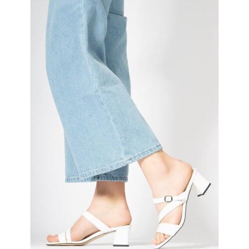 CZ London Women 'S Leather Slippers Square Heel Buckled Stubby Toe Sandals