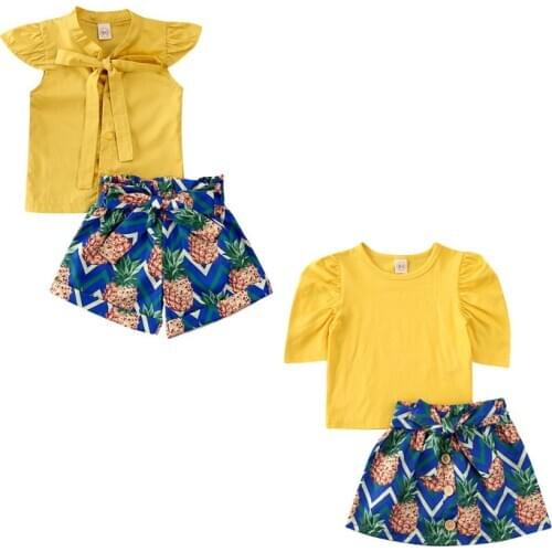 Boutique Kid Clothes 2020 Summer Toddler Baby Kid Girl Short Sleeve Tops Shirt +Pineapple Print Shorts/ Skirt 2pcs Clothes