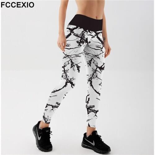 FCCEXIO 2021 Sexy Womens Black Leggings Print Marbling Cracks Push Up Fitness Legging Slim High Waist Legging Oversize