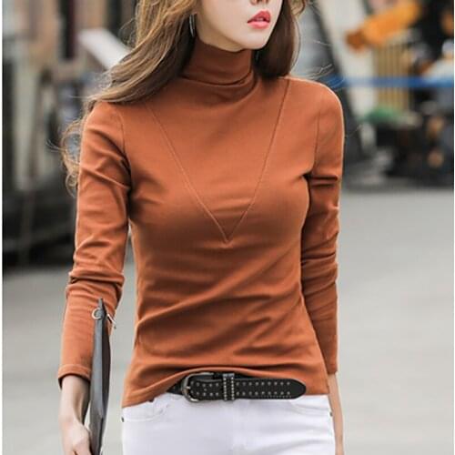 Autum White Long Sleeve Women T shirt Soild Turtleneck Koren Slim T-shirt Woman Soft Cotton Casual Tshirt Tee Shirt Femme Tops