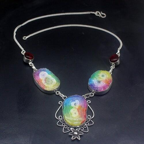 Hermosa Jewelry Natural Solar Quartz Red Carnelian Silver Color Chain Necklace for Women Ladies Gift 18.5 Inch FQ13