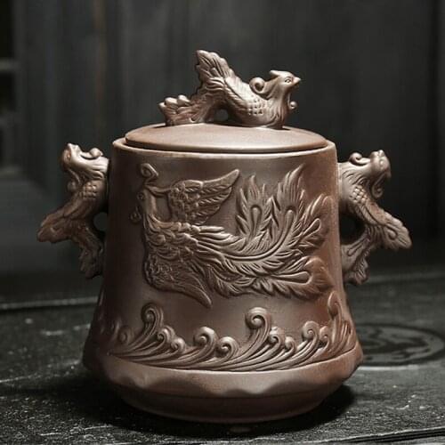 Yixing Purple Clay Sealed Spice Jar Ceramic Retro Embossed Dragon Phoenix Food Container Candy Storage Tank Tea Caddies Canister