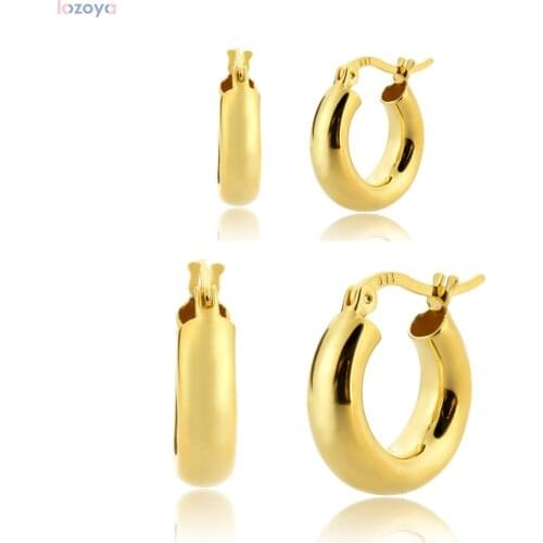 LOZOYA 925 Sterling Silver Gold Hollow Hoops Two Size Ohrringe Luxury Circle Round Plain Piercing Rock Punk Pendiente Jewelry