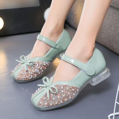 Girls Flats 2021 Spring Autumn Kids Shoes For Girl PU Leather Butterfly-knot Pearl Sweet Princess Show Crystal Rubber Flat Shoes