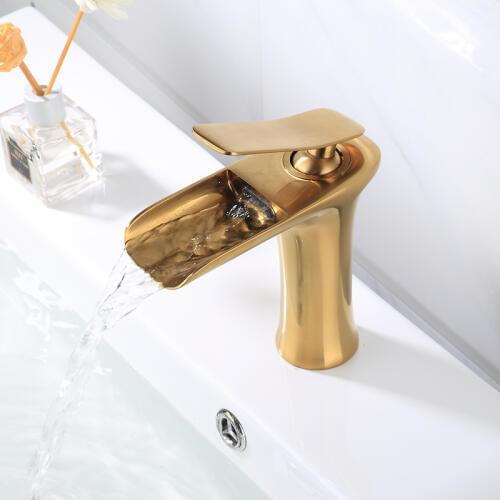 Bathroom Basin Faucets Brush Gold Brass Sink Waterfall faucet Single Hole Cold and Hot Water Tap Basin Faucet Mixer Tap Torneira