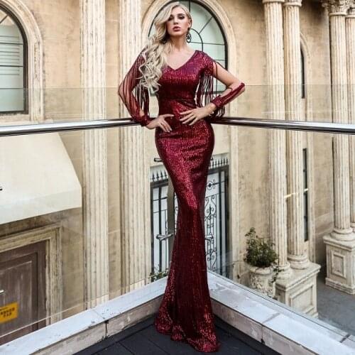 Sexy Women elegant V Ncek Solid Sequin Glitter Stitching Shining Club Long Sleeve tassel bodycon Maxi Dress For Female vestidos