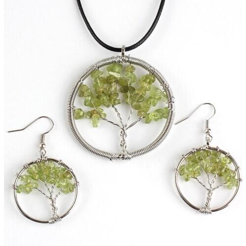 YJXP Silver Plated Tree of Life Olivine Stone Pendant Rope Chain Necklace Charms Drop Earrings Trendy Round Shaped Jewelry Sets