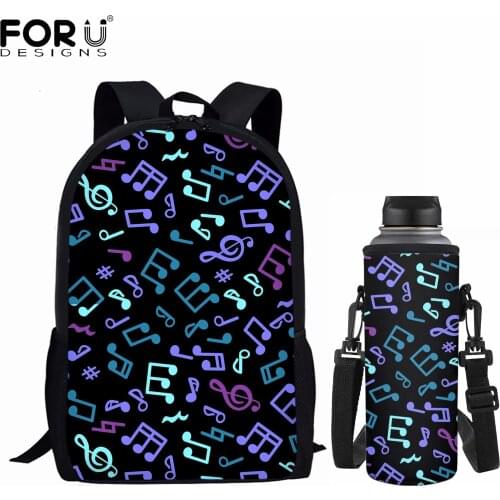 FORUDESIGNS Funny Multicolor Music Notes Print Backpacks Teenagers Kids Schoolbags Set Bookbags Durable Water Bottle Case Bolsa