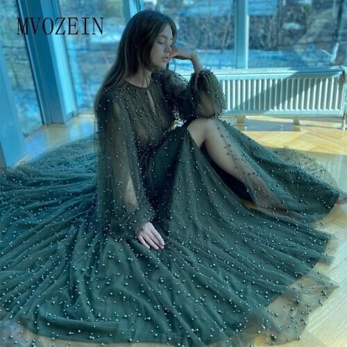 MOVZEIN Green Evening Dress 2020 A-Line O-Neck Long Sleeves Full Pear Beaded Split Tulle Prom Gown vestidos de fiesta de noche