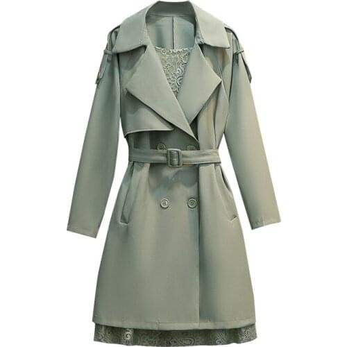 Plus Size Women Double Breasted Windbreaker With Belt Medium Length Trench Coat Femme Overcoat Xxxxl Green Autumn Winter