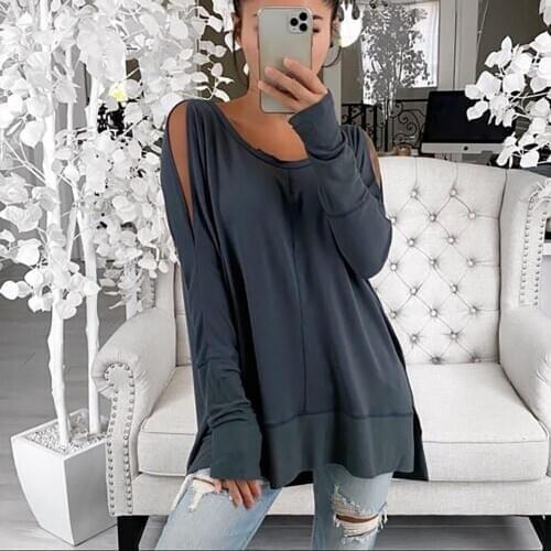 Women O Neck Long Sleeve Cold Shoulder Irregular Hem Loose Blouse Sweatshirt Casual Shirts Tops